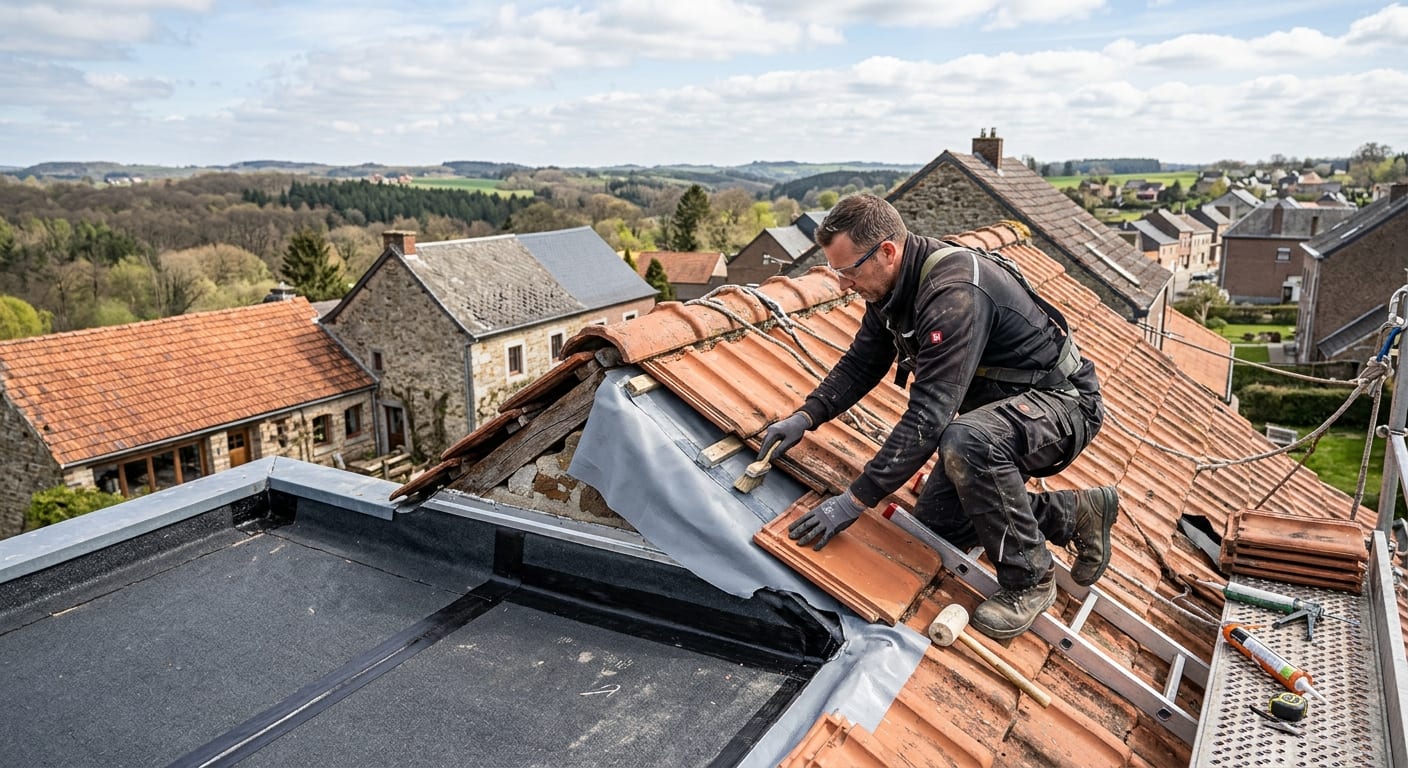 Artisan couvreur réalisant une réparation toiture tuiles et l'étanchéité d'un toit en Région wallonne